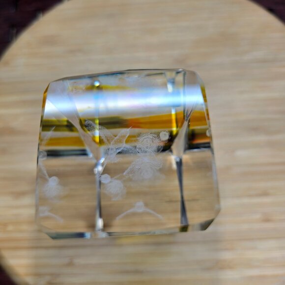 Vintage Art Glass Etched Hummingbird Rectangle Paperweight Bird & Flower - Picture 7 of 7